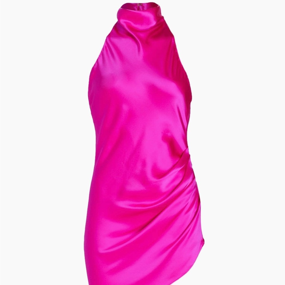 Hot pink halter satin mini dress
